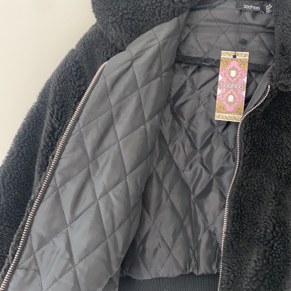 Boohoo Crop Faux Teddy Fur Bomer Jacket Size 10 - Picture 8 of 10